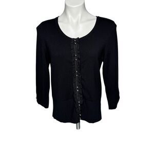 White House Black Market black 3/4 sleeve ruffle snap up cardigan sweater size L